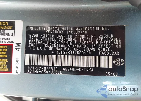 2011 Toyota Camry Le z USA, uszkodzony, nr VIN 4T1BF3EK1BU589408